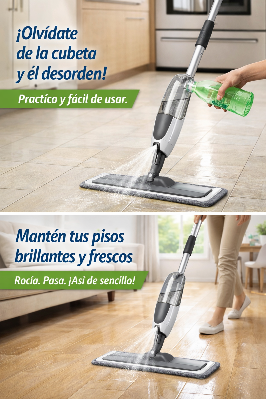 Trapeador Giratorio con Spray: Trapeador 2 en 1 más limpio, más rápido, más fácil”