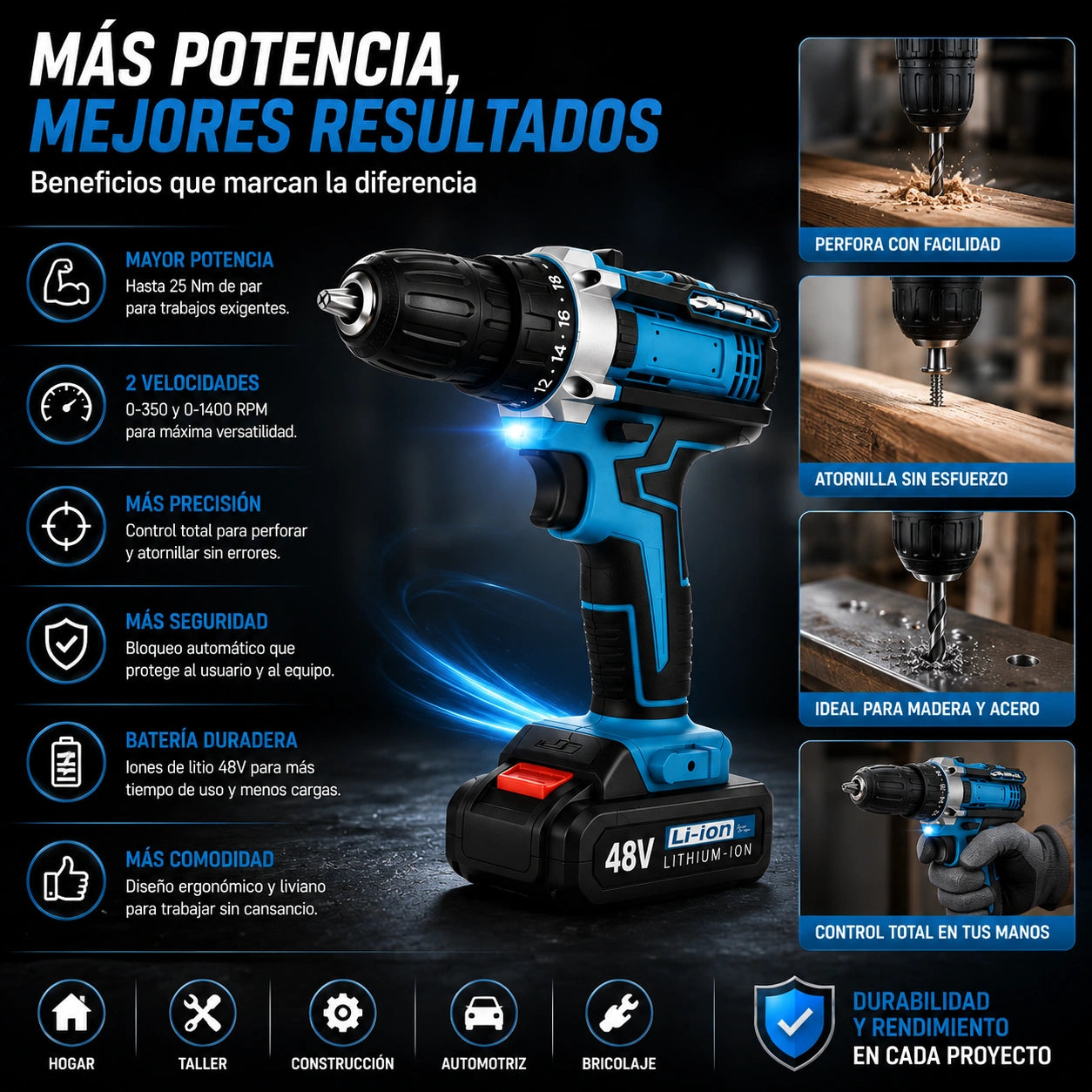 DrillPro X48 - Perfora madera y acero sin esfuerzo: Taladro Inalámbrico 2 Baterías