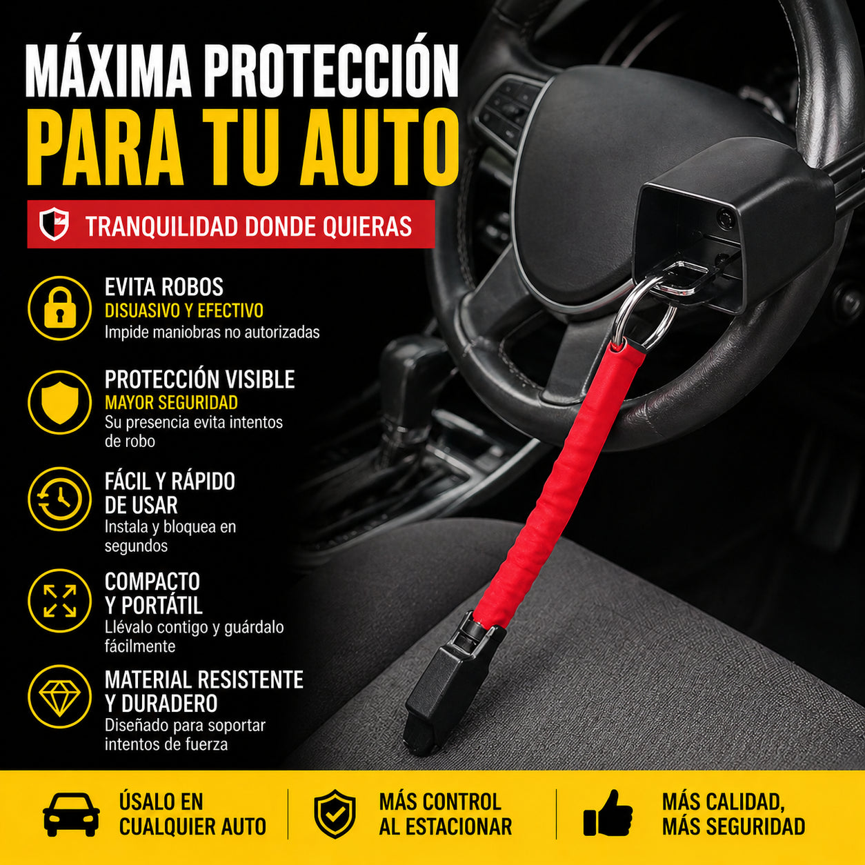 AutoShield Cable - Protege tu auto al estacionar: TRANCA VOLANTE AL CINTURON DE SEGURIDAD