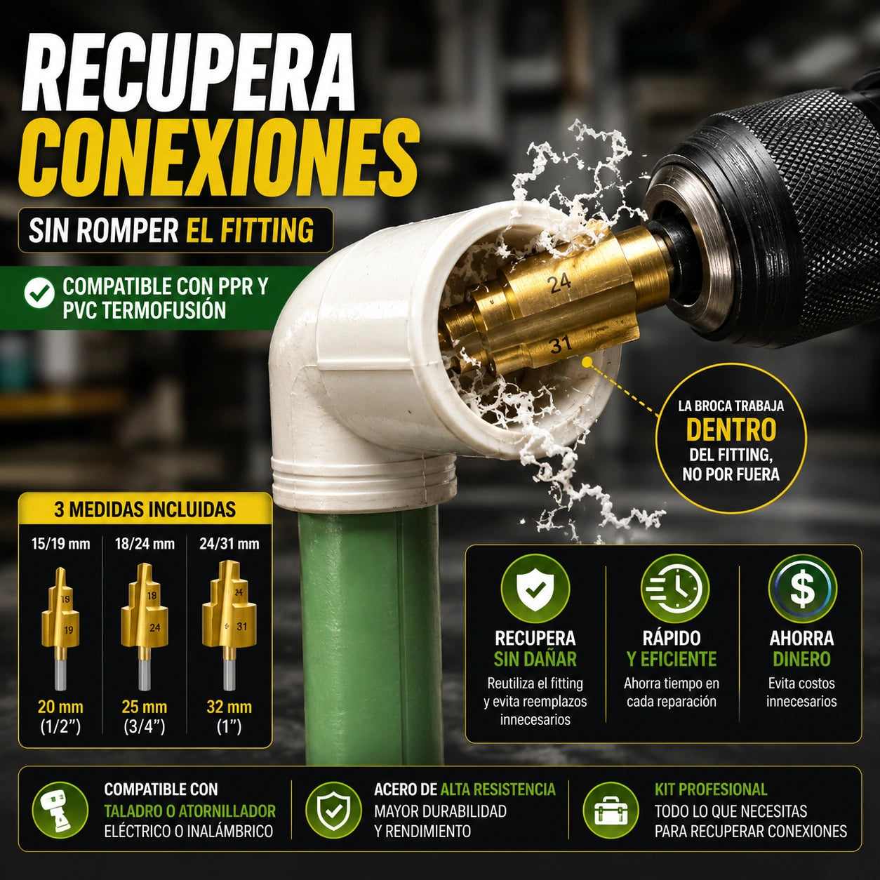 BrocaFix 3X - Salva Conexiones Dañadas: Broca mecha recuperar conexión tubo ppr