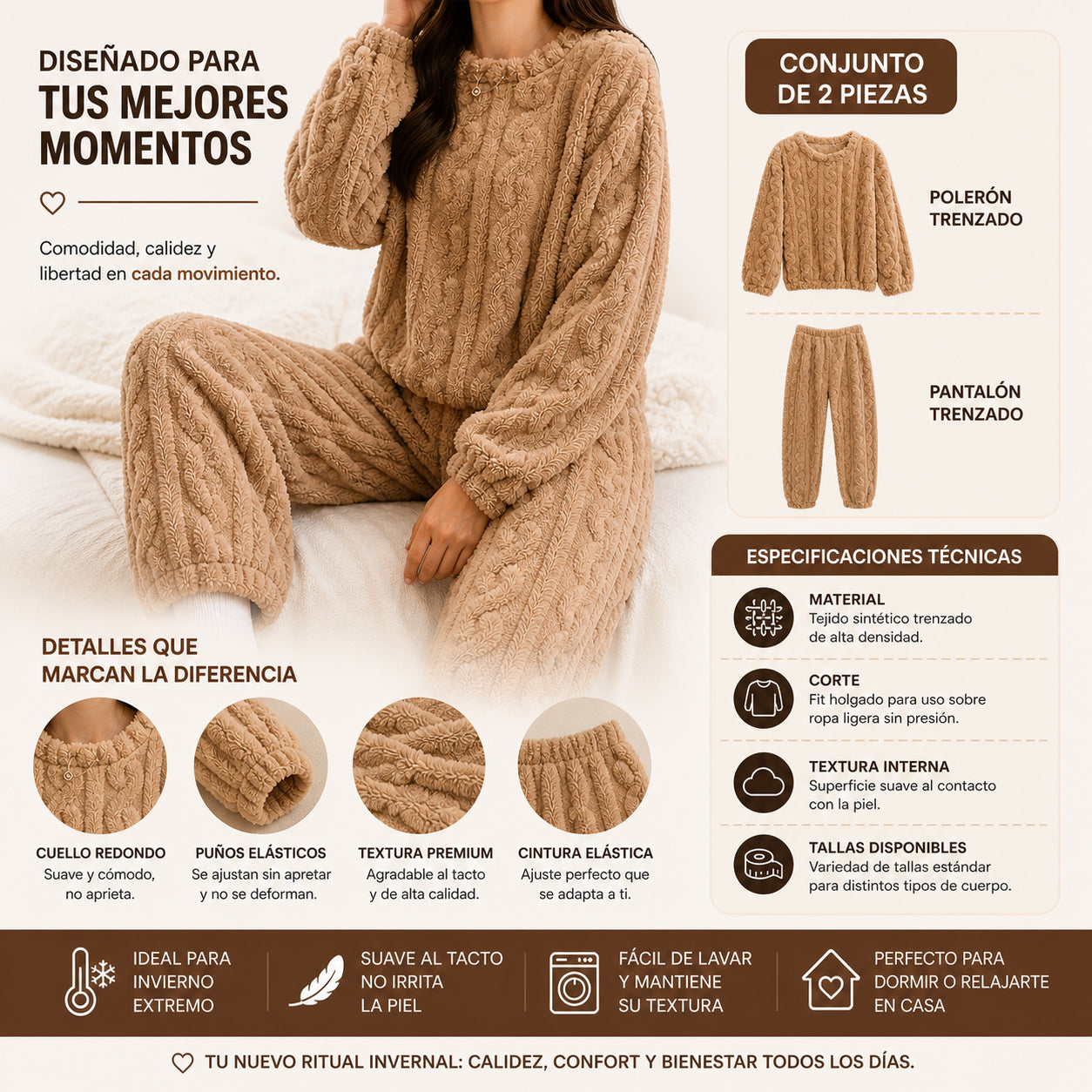 CozyTrenzado - Calor suave sin calefacción: Pijama Conjunto Invierno Mujer Trenzado