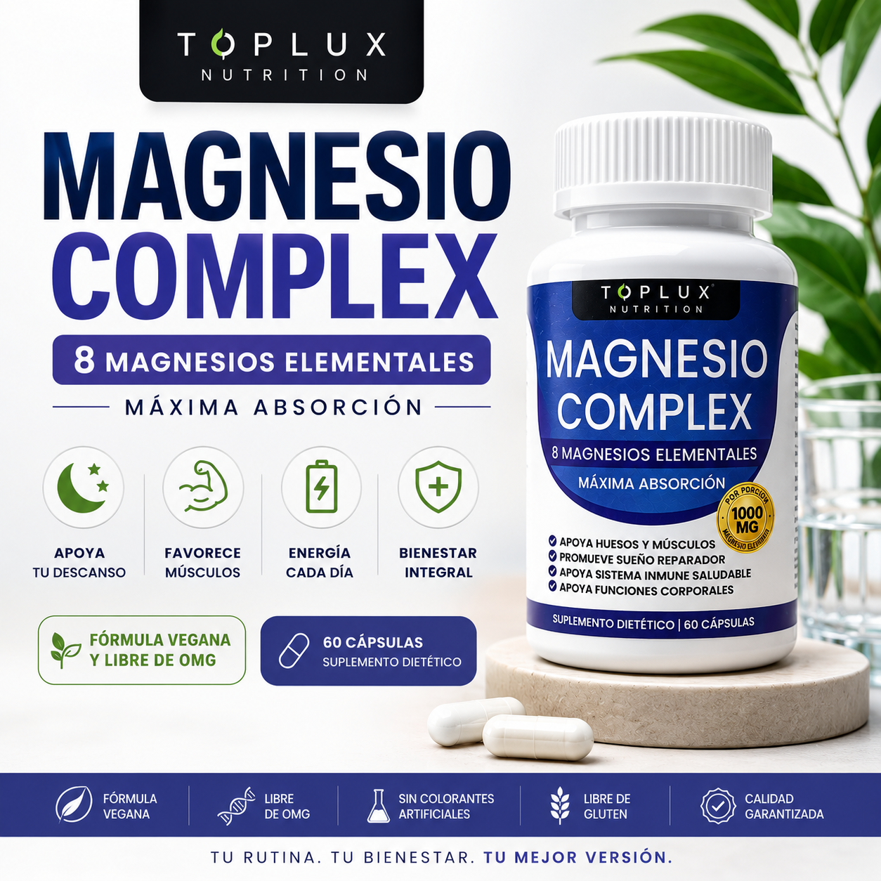 MagnesiumX - Apoyo Completo Diario: Magnesio Suplemento 8 Elemental 1000mg