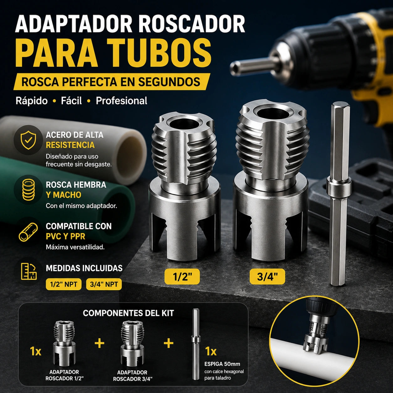 RoscaMax Pro - Rosca tubos PVC/PPR  1/2 Y 3/4 TALADRO