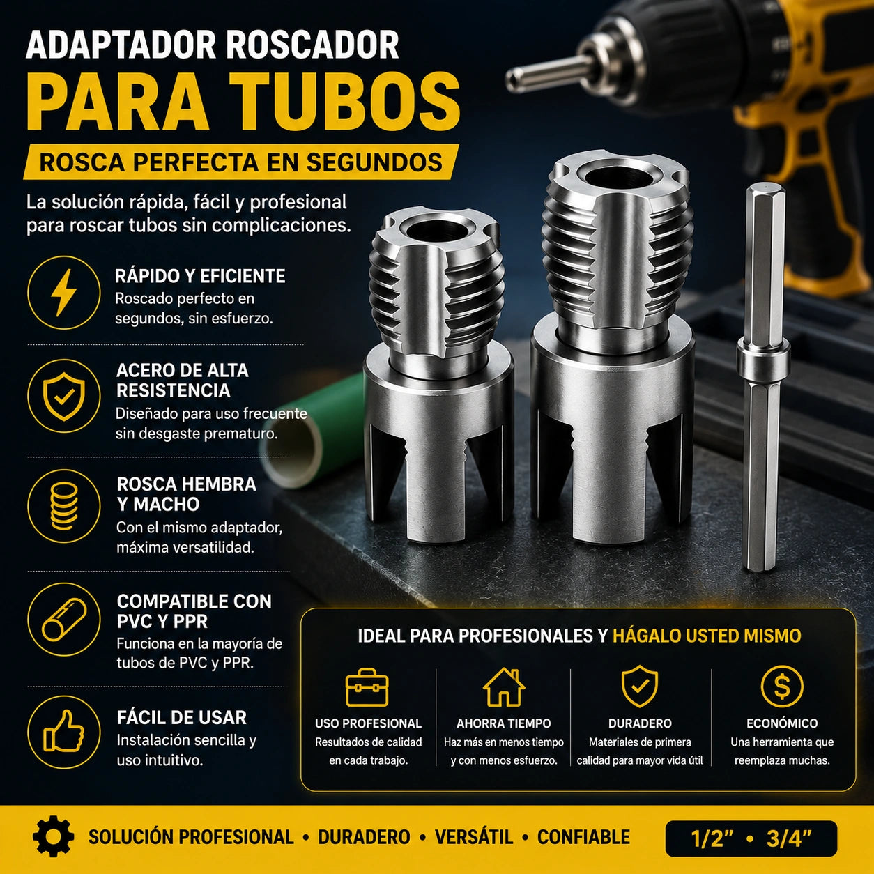 RoscaMax Pro - Rosca tubos PVC/PPR  1/2 Y 3/4 TALADRO