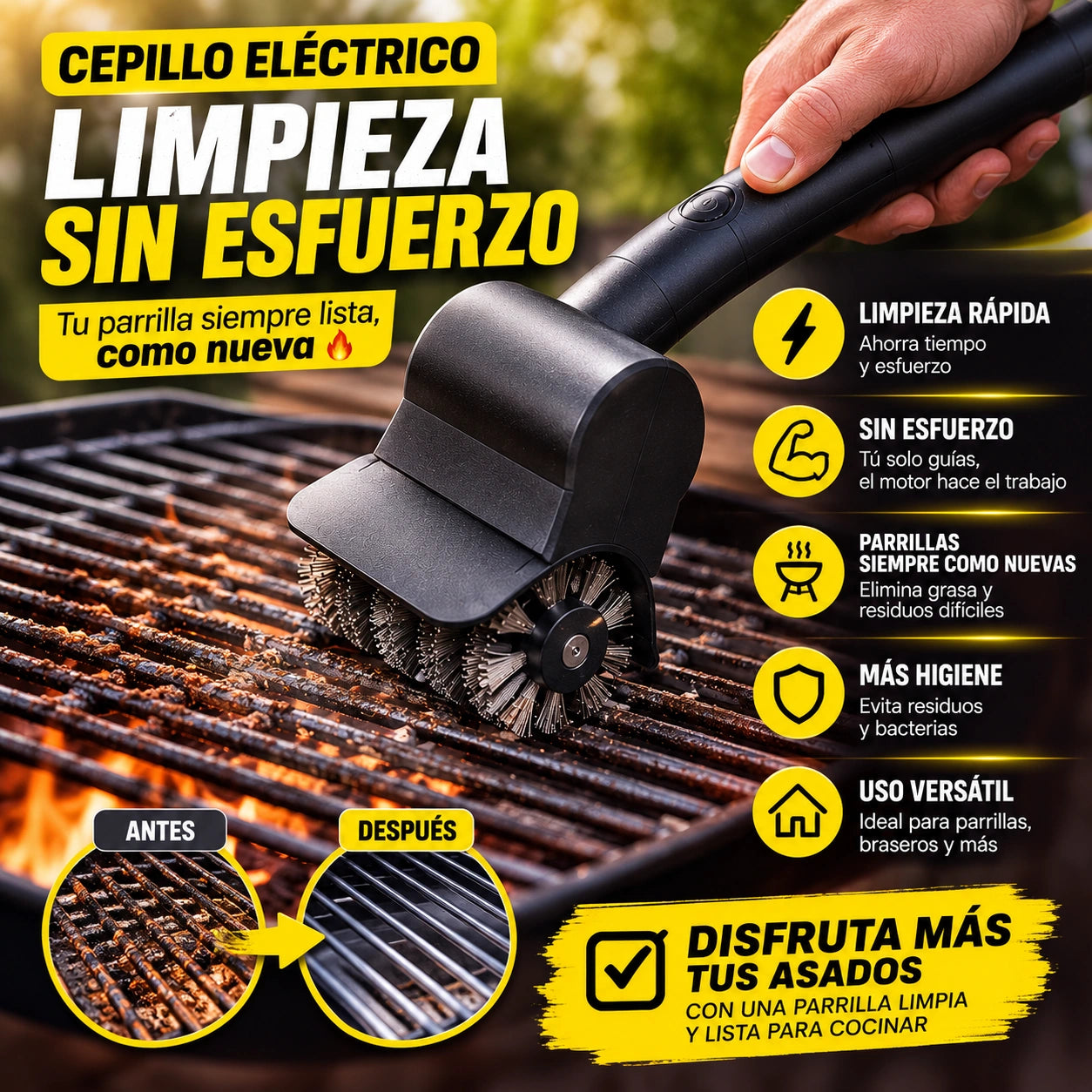 GrillPro - Limpieza eléctrica para tu parrilla: cepillo limpiador parrilla inalámbrico