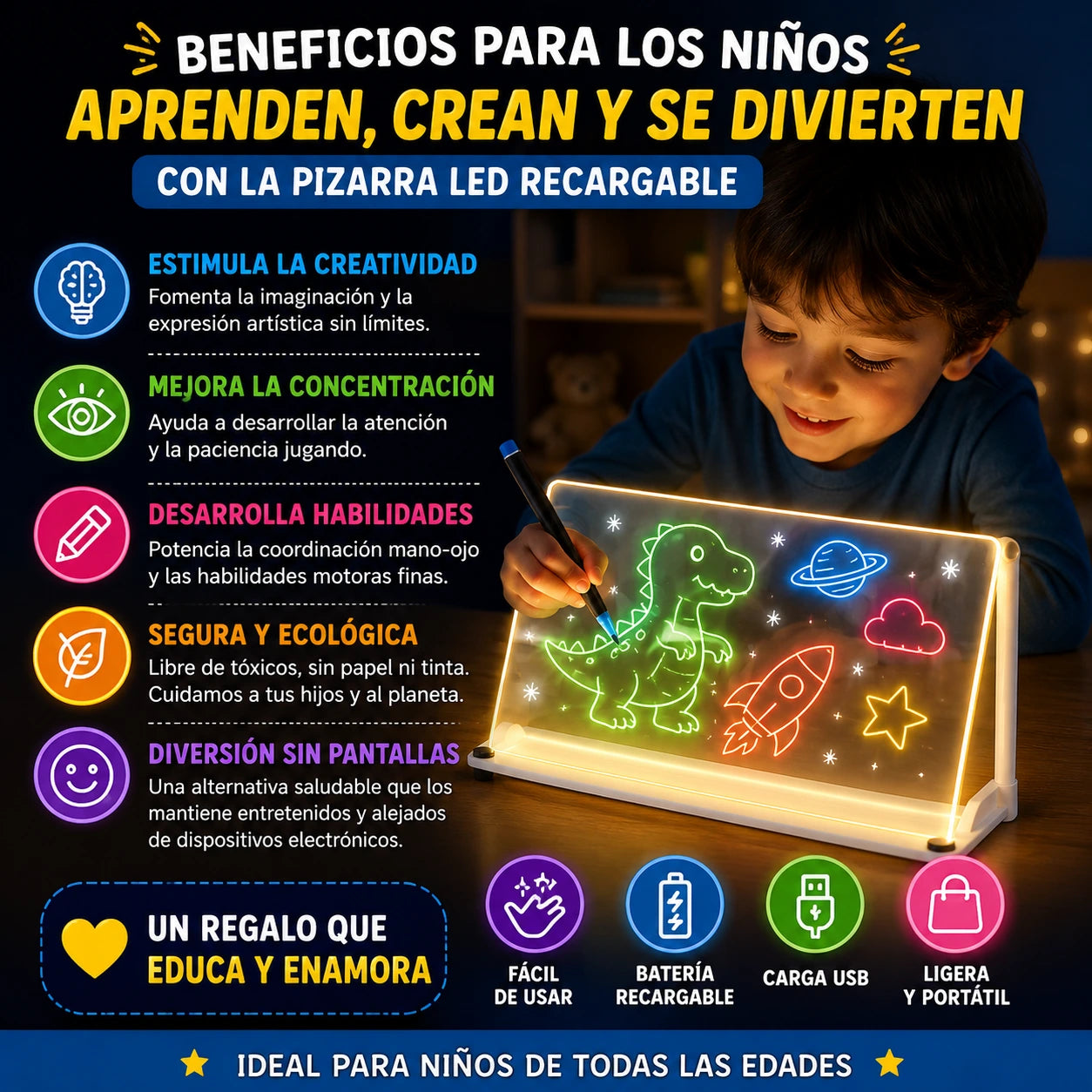 GlowBoard - Ilumina tus ideas al instante: Pizarra Mágica 20cm X 30cm Luz Led USB