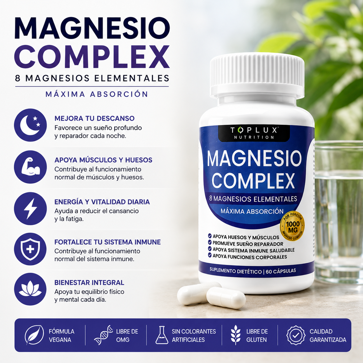 MagnesiumX - Apoyo Completo Diario: Magnesio Suplemento 8 Elemental 1000mg