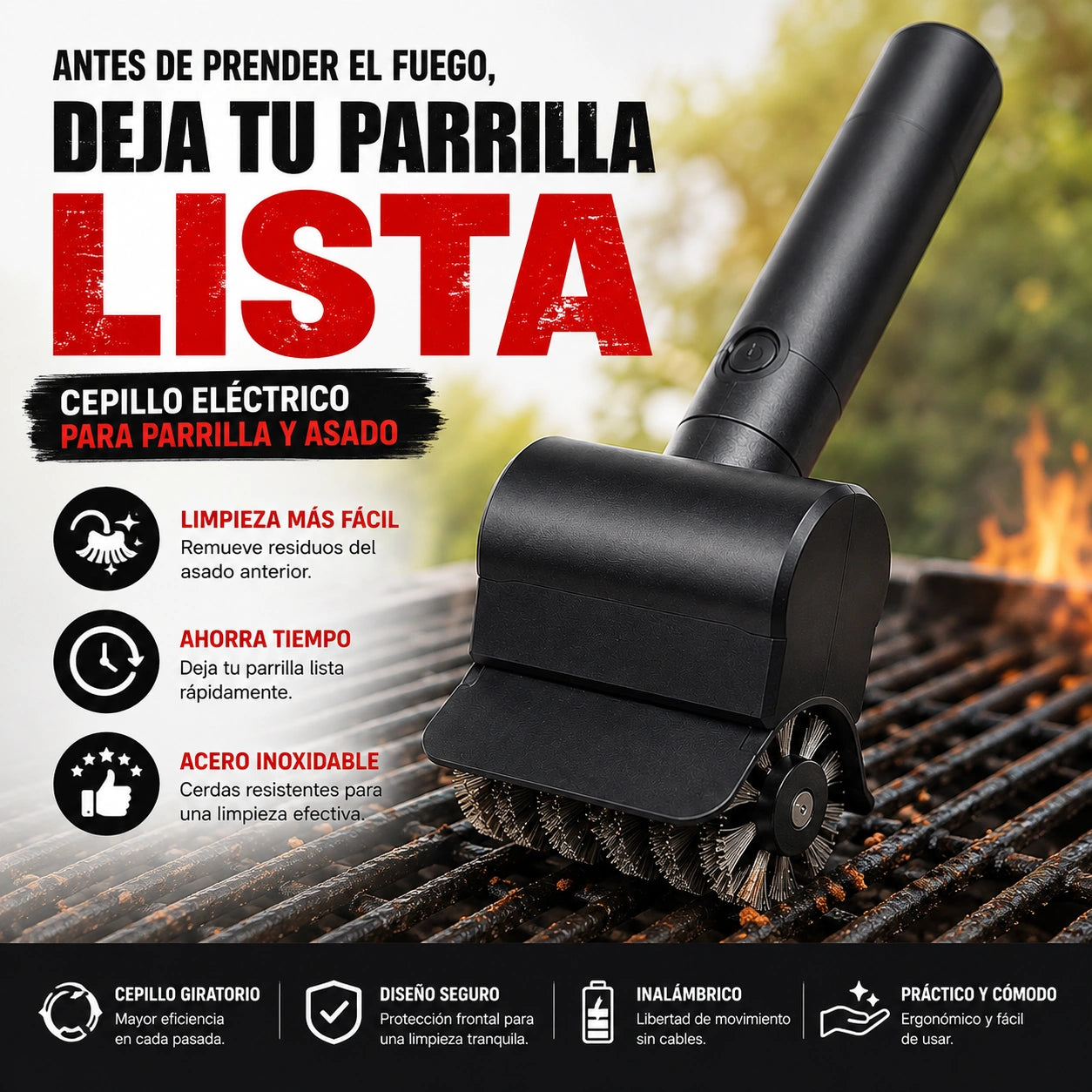 GrillPro - Limpieza eléctrica para tu parrilla: cepillo limpiador parrilla inalámbrico