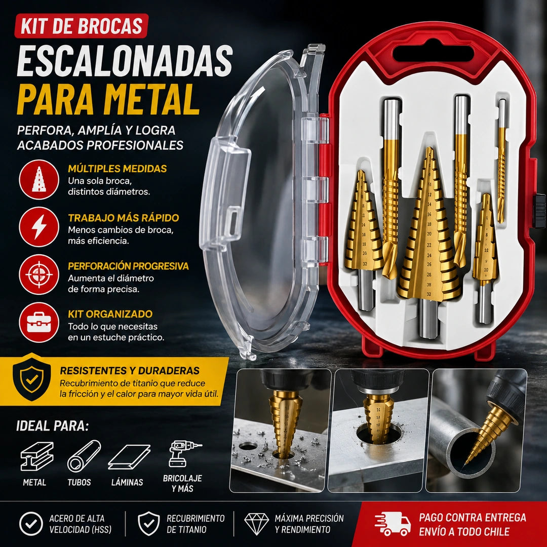 TitanEdge - Corta Metal y Madera sin Esfuerzo: Brocas Escalonada Sierra Estuche 6 Pieza