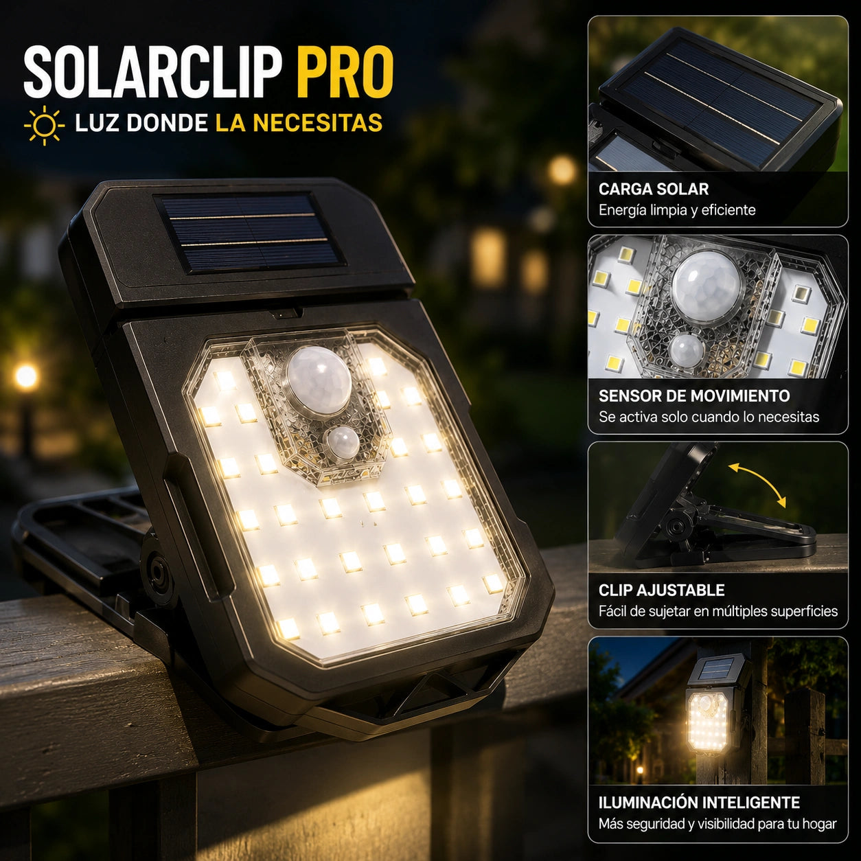 SolarClip Pro - Ilumina donde lo necesites: Lámpara solar con clip sensor YX-525