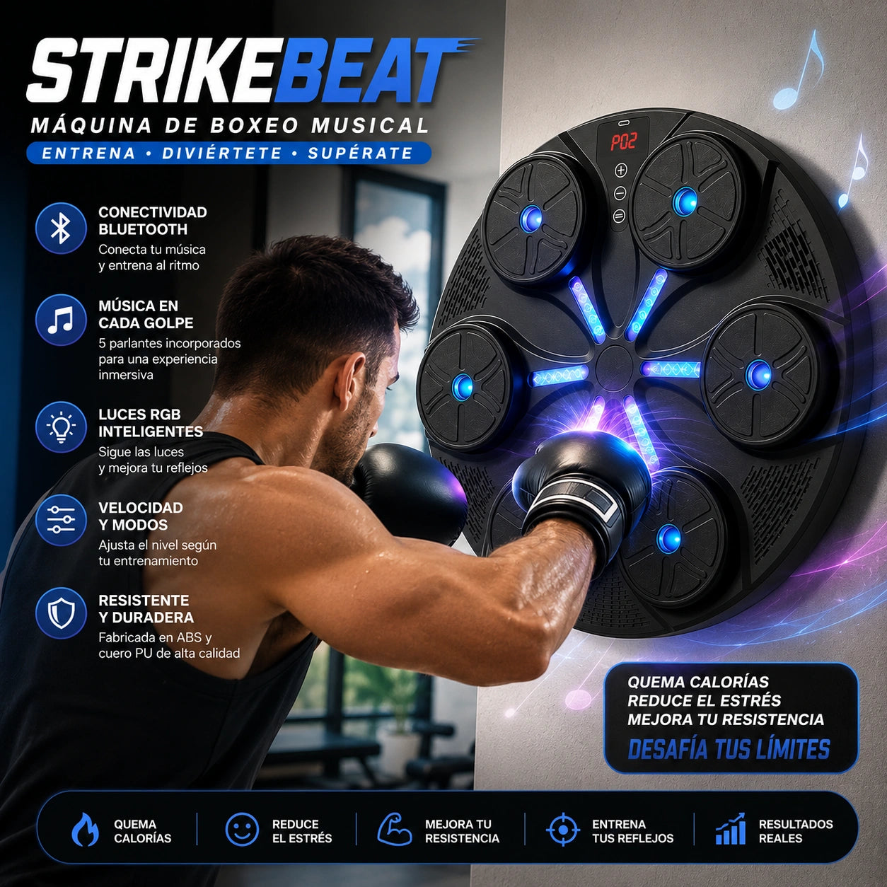 StrikeBeat - Entrena boxeando al ritmo de tu música: Maquina Boxeo con Bluetooth y guantes