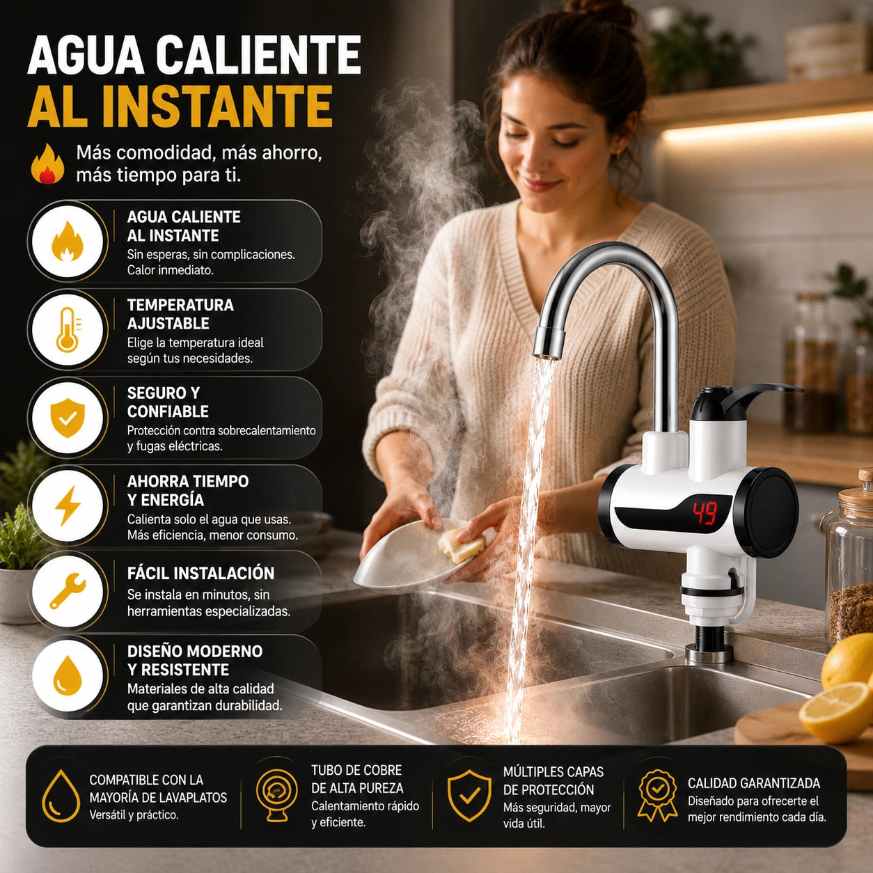 TermoGrifo - Calienta el agua al instante: Grifo Eléctrico Calentador Lavaplatos