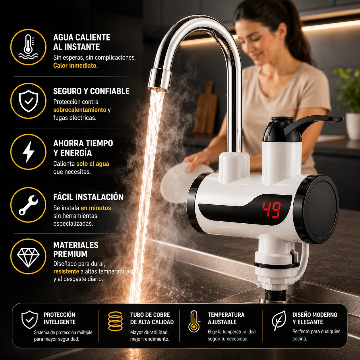 TermoGrifo - Calienta el agua al instante: Grifo Eléctrico Calentador Lavaplatos