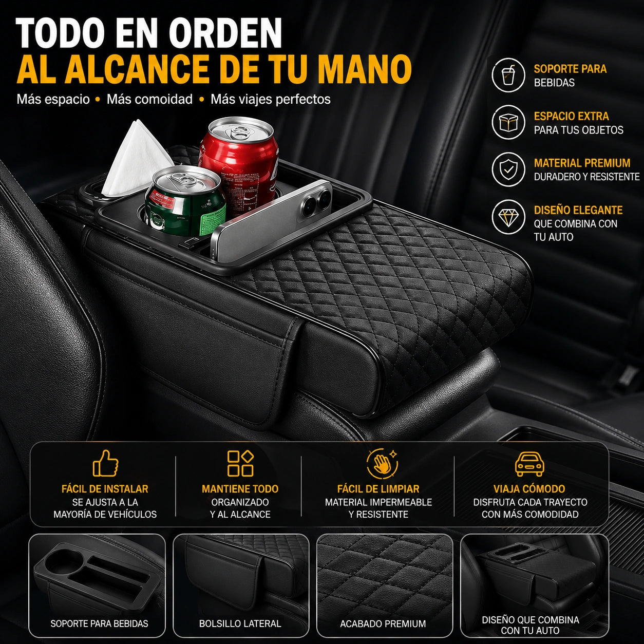 ComfortBox - Menos desorden, más comodidad:  Cojín Apoya brazos Consola PARA AUTO