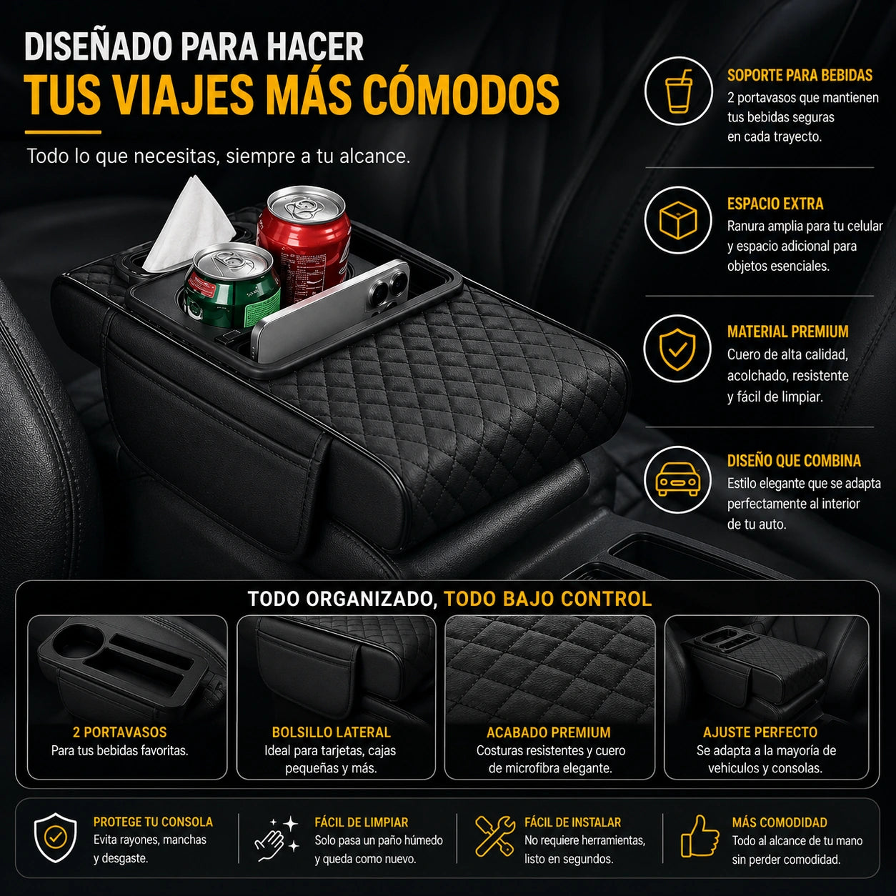 ComfortBox - Menos desorden, más comodidad:  Cojín Apoya brazos Consola PARA AUTO