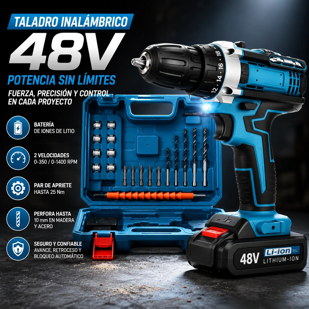 DrillPro X48 - Perfora madera y acero sin esfuerzo: Taladro Inalámbrico 2 Baterías
