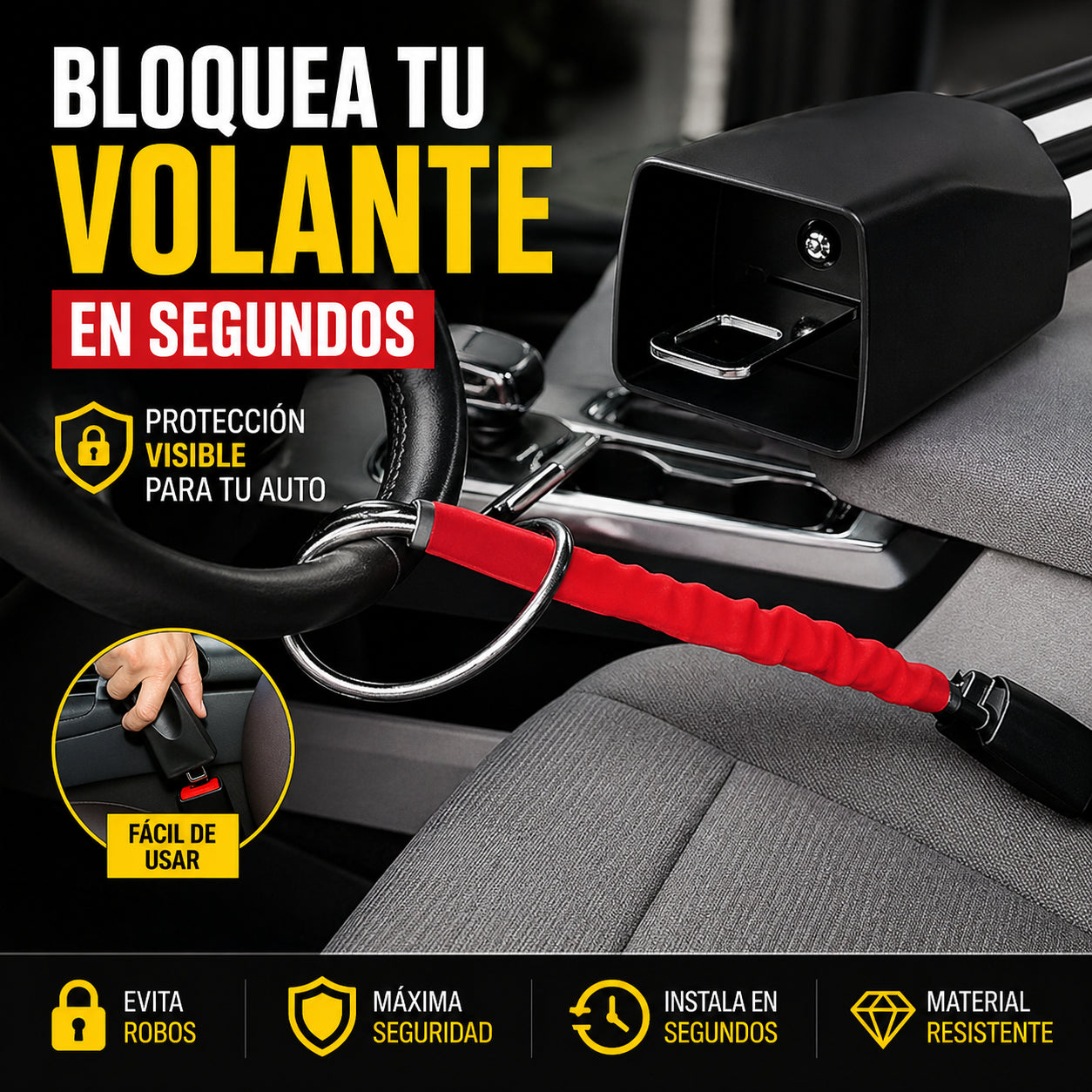 AutoShield Cable - Protege tu auto al estacionar: TRANCA VOLANTE AL CINTURON DE SEGURIDAD
