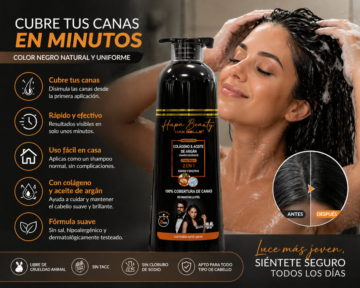 Max belle Shampoo Cubre Cana Tinturado Color Negro: Canas Off - Recupera tu color natural
