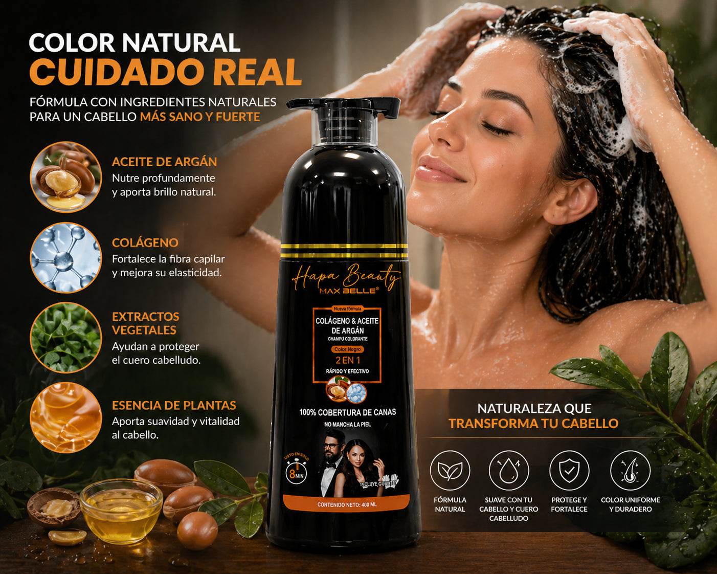 Max belle Shampoo Cubre Cana Tinturado Color Negro: Canas Off - Recupera tu color natural